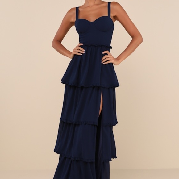Lulus Sophisticated Occasion Navy Blue Bustier Lace-up Maxi Dress - Size XL - Picture 1 of 1